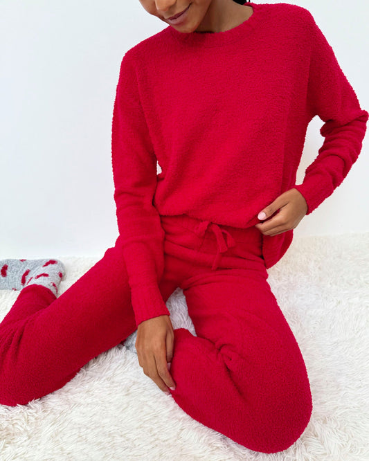Red Fuzzy Sweater PJ Set - Red