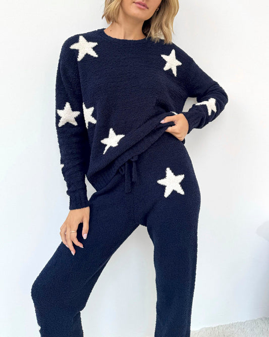Navy Oat Stars Fuzzy Sweater PJ Set - Navy Oat Stars