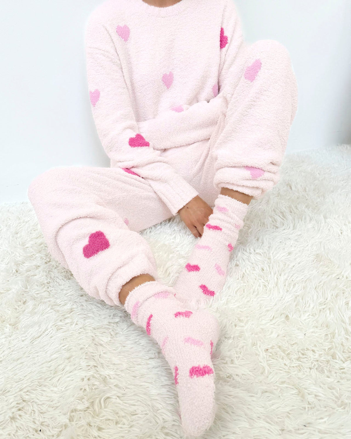 Pink Multi-Heart Bia Fuzzy Yarn Socks - Pink Multi Hearts