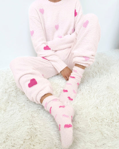 Pink Multi-Heart Bia Fuzzy Yarn Socks - Pink Multi Hearts