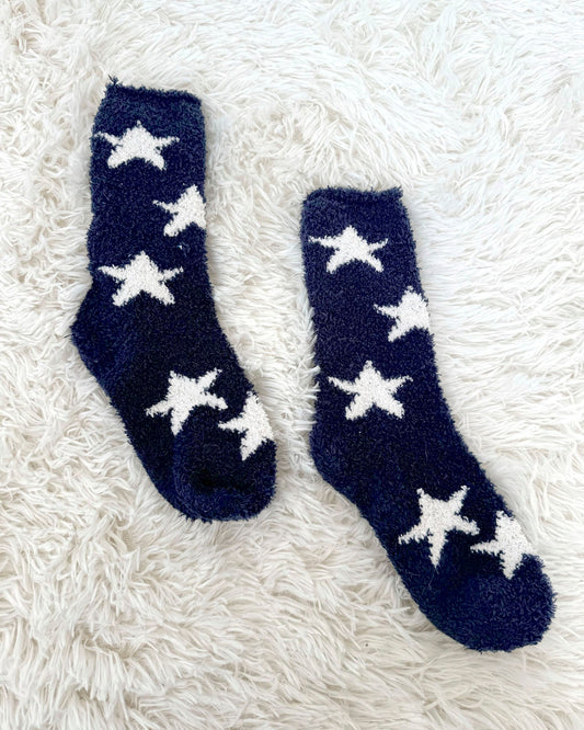 Navy Oat Bia Fuzzy Yarn Socks - Navy Oat Stars
