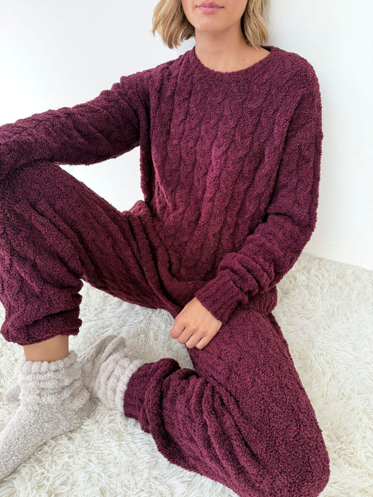 Merlot Fuzzy Cable Knit Sweater PJ Set - Merlot