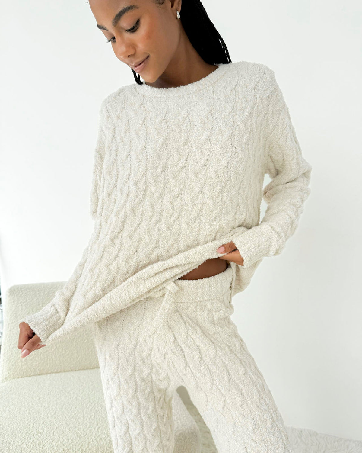 Ivory Fuzzy Cable Knit Sweater PJ Set - Ivory