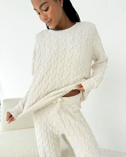 Ivory Fuzzy Cable Knit Sweater PJ Set - Ivory