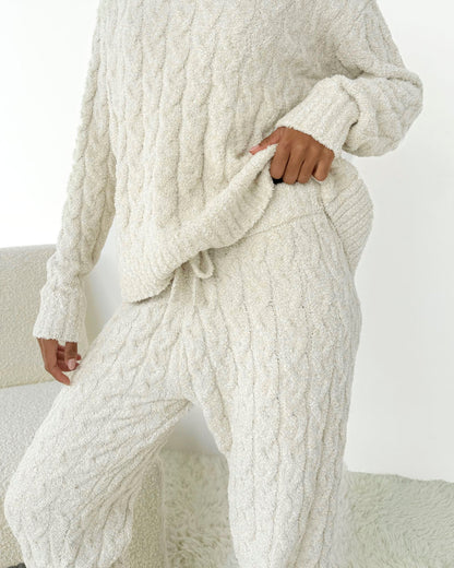 Ivory Fuzzy Cable Knit Sweater PJ Set - Ivory