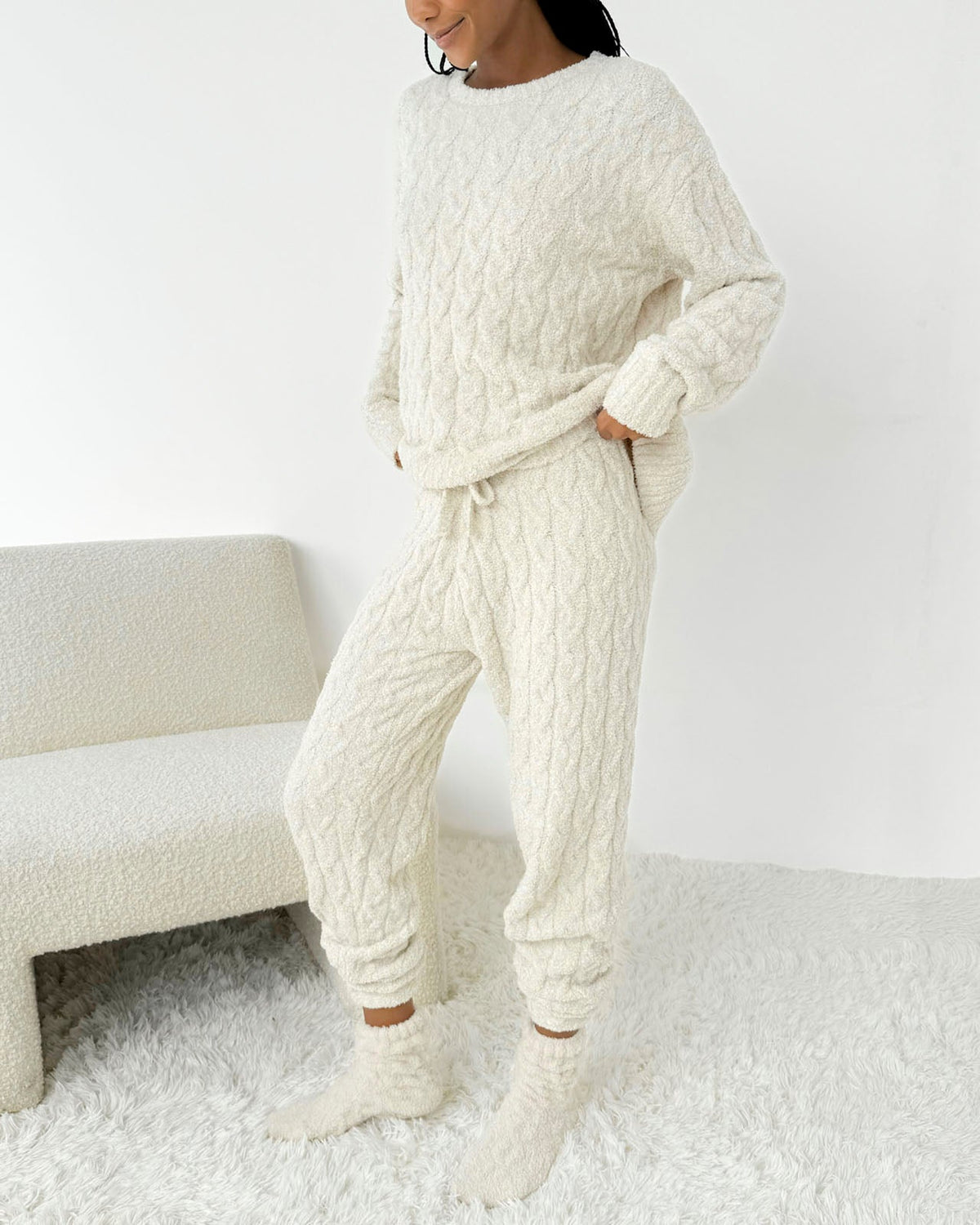 Ivory Fuzzy Cable Knit Sweater PJ Set - Ivory