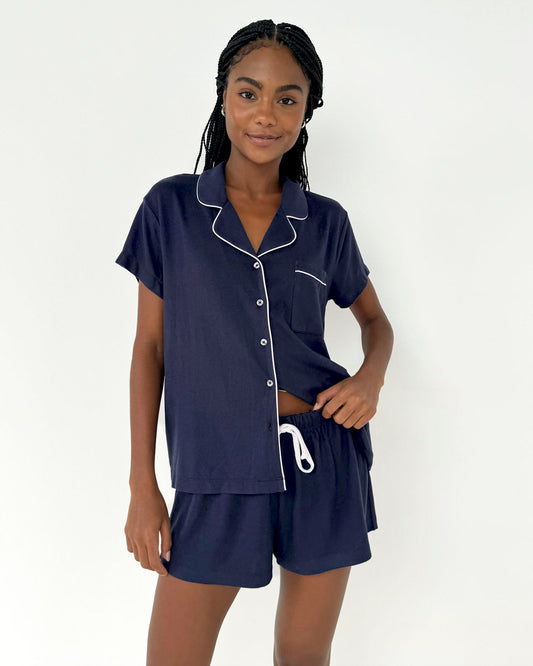 Navy Flora Pillowsoft Short Set - Navy/White