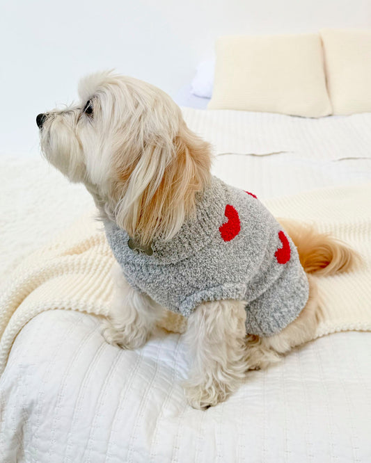 Red Hearts Fuzzy Pet Sweater - Heather Grey/ Red Hearts