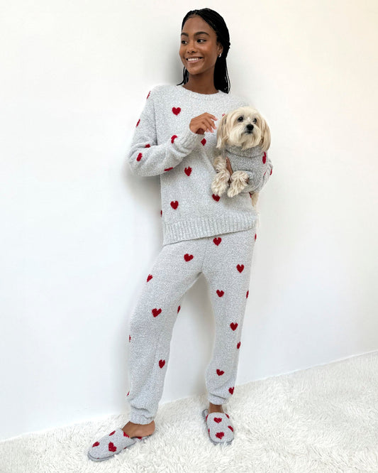 Red Hearts Fuzzy Sweater PJ Set - Heather Grey/ Red Hearts